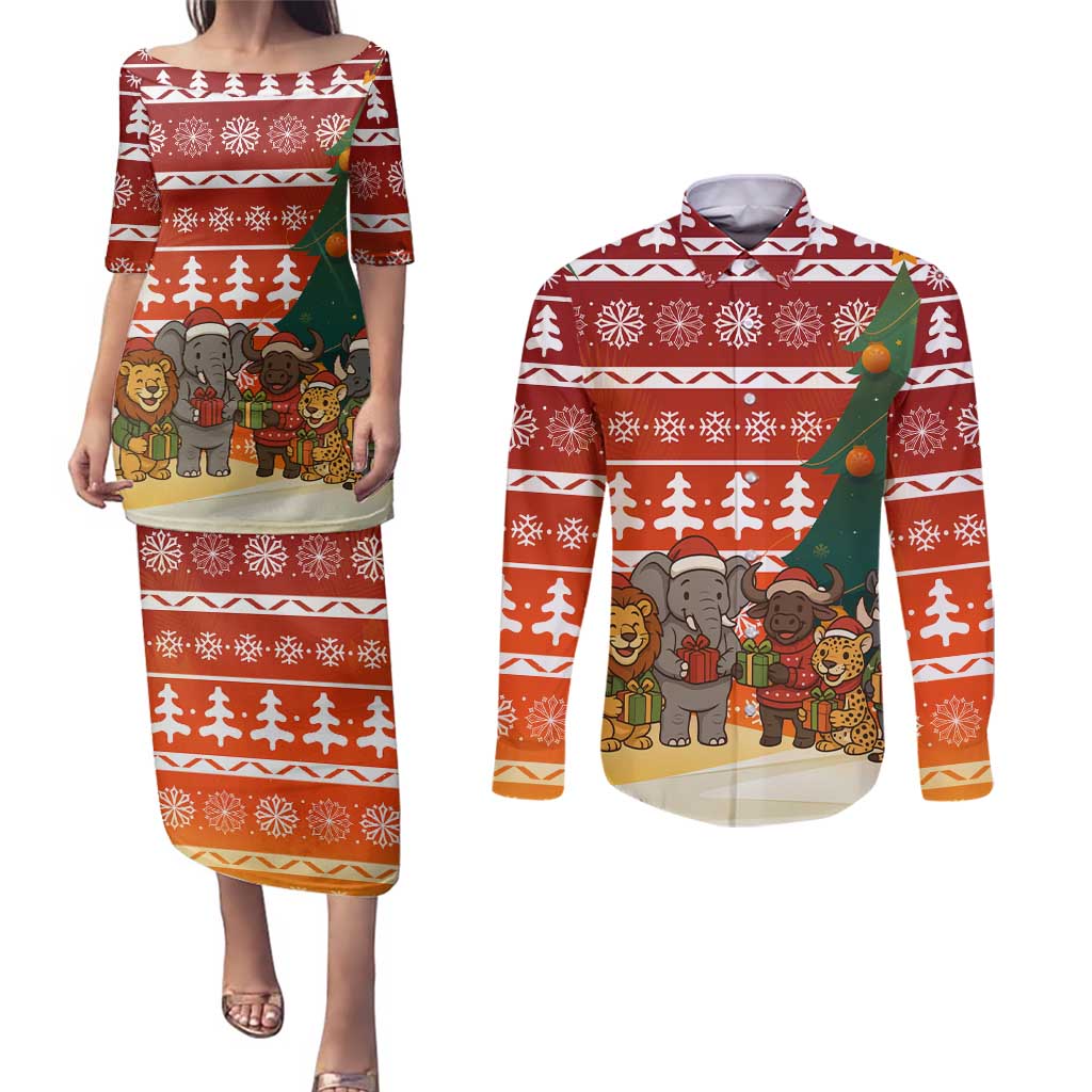 Zambia Christmas Couples Matching Puletasi and Long Sleeve Button Shirt with African Animals Tree Snowflakes and National Emblem Design - Wonder Print Shop