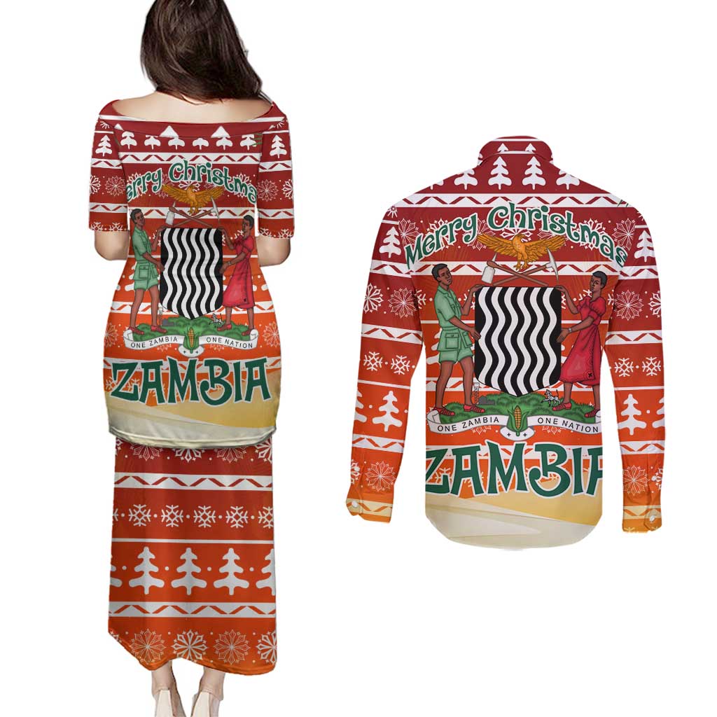 Zambia Christmas Couples Matching Puletasi and Long Sleeve Button Shirt with African Animals Tree Snowflakes and National Emblem Design - Wonder Print Shop