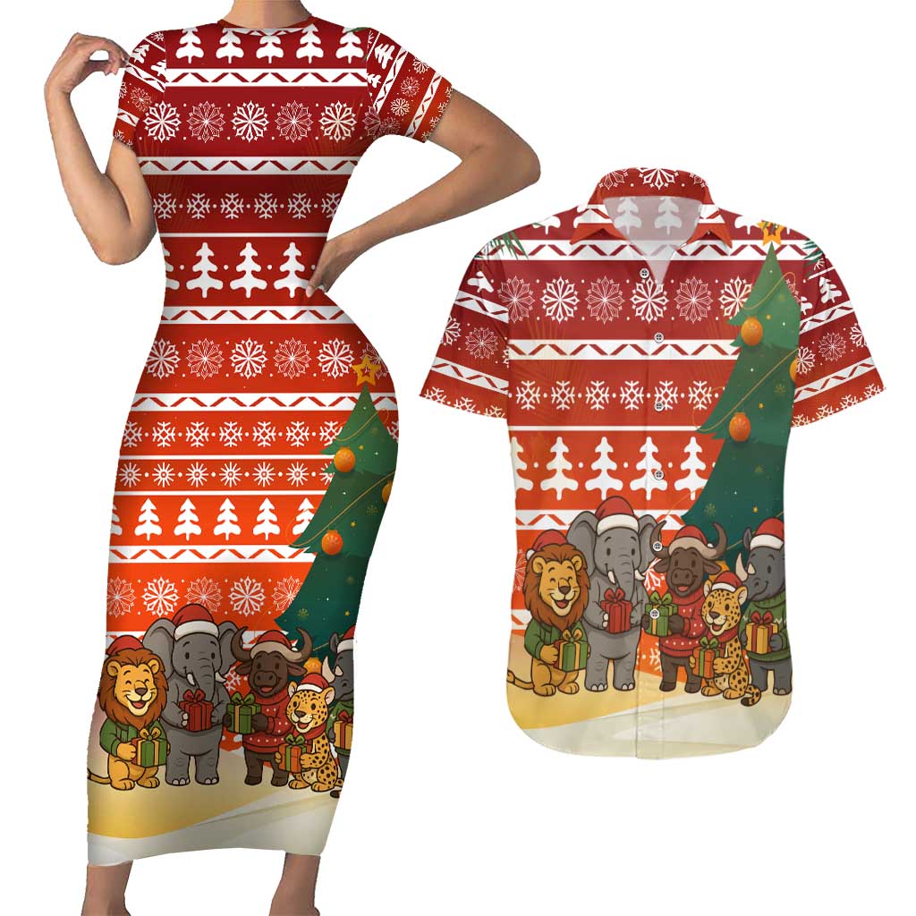 Zambia Christmas Couples Matching Short Sleeve Bodycon Dress and Hawaiian Shirt with African Animals Tree Snowflakes and National Emblem Design - Wonder Print Shop