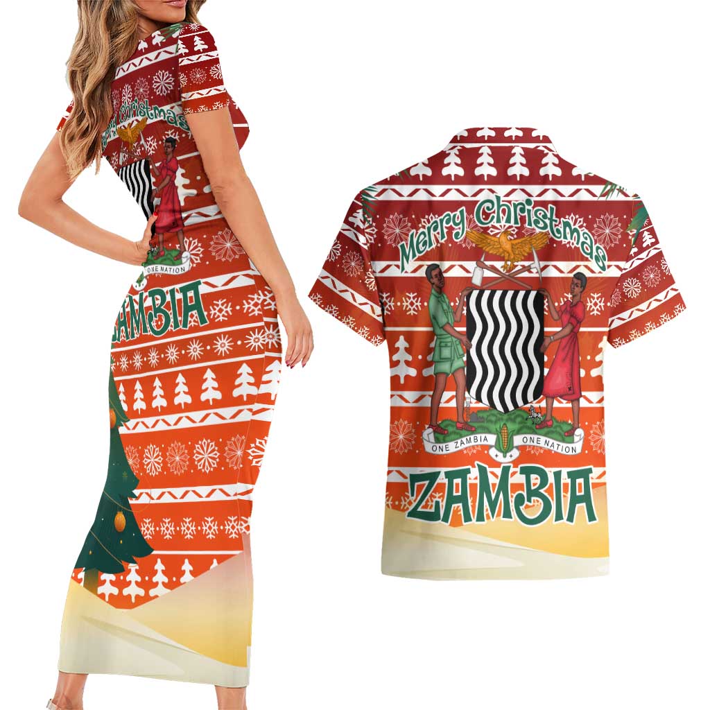 Zambia Christmas Couples Matching Short Sleeve Bodycon Dress and Hawaiian Shirt with African Animals Tree Snowflakes and National Emblem Design - Wonder Print Shop