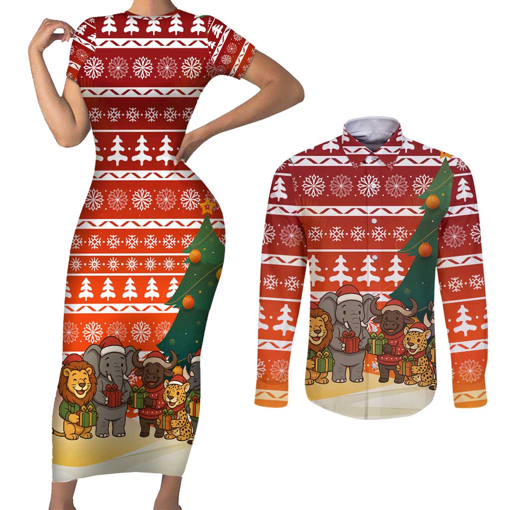 Zambia Christmas Couples Matching Short Sleeve Bodycon Dress and Long Sleeve Button Shirt with African Animals Tree Snowflakes and National Emblem Design - Wonder Print Shop