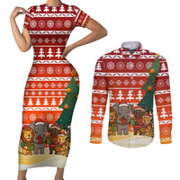 Zambia Christmas Couples Matching Short Sleeve Bodycon Dress and Long Sleeve Button Shirt with African Animals Tree Snowflakes and National Emblem Design - Wonder Print Shop