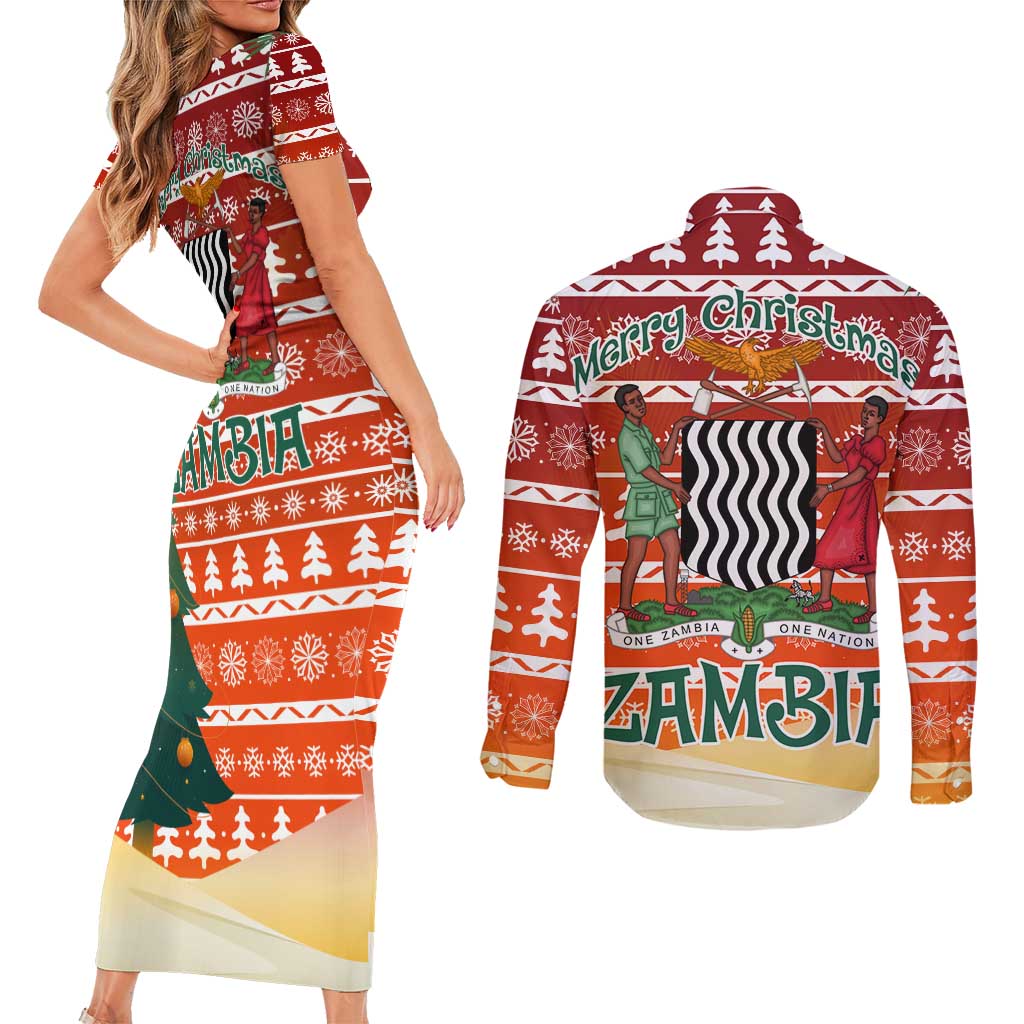 Zambia Christmas Couples Matching Short Sleeve Bodycon Dress and Long Sleeve Button Shirt with African Animals Tree Snowflakes and National Emblem Design - Wonder Print Shop