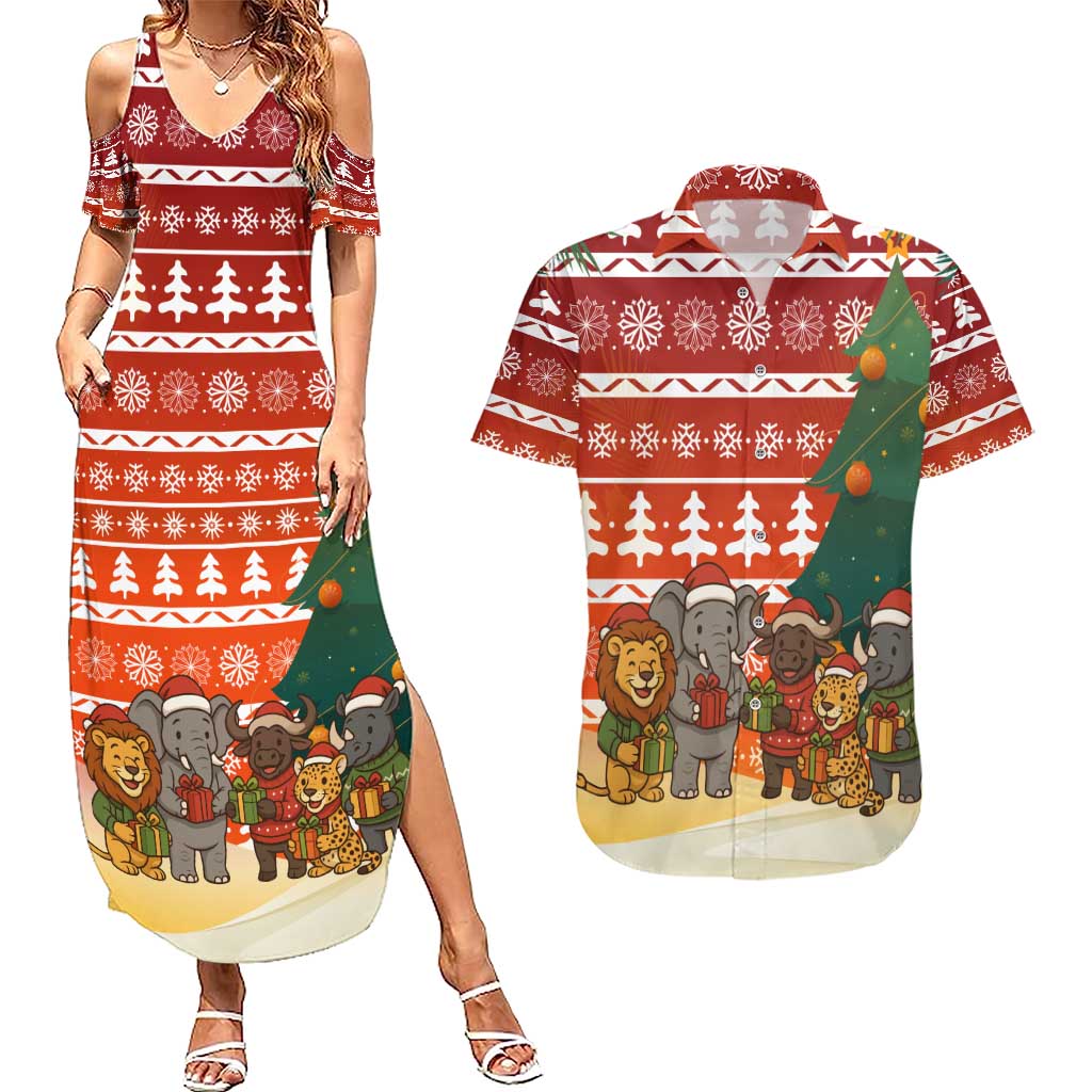 Zambia Christmas Couples Matching Summer Maxi Dress and Hawaiian Shirt with African Animals Tree Snowflakes and National Emblem Design - Wonder Print Shop