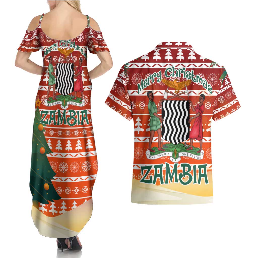 Zambia Christmas Couples Matching Summer Maxi Dress and Hawaiian Shirt with African Animals Tree Snowflakes and National Emblem Design - Wonder Print Shop