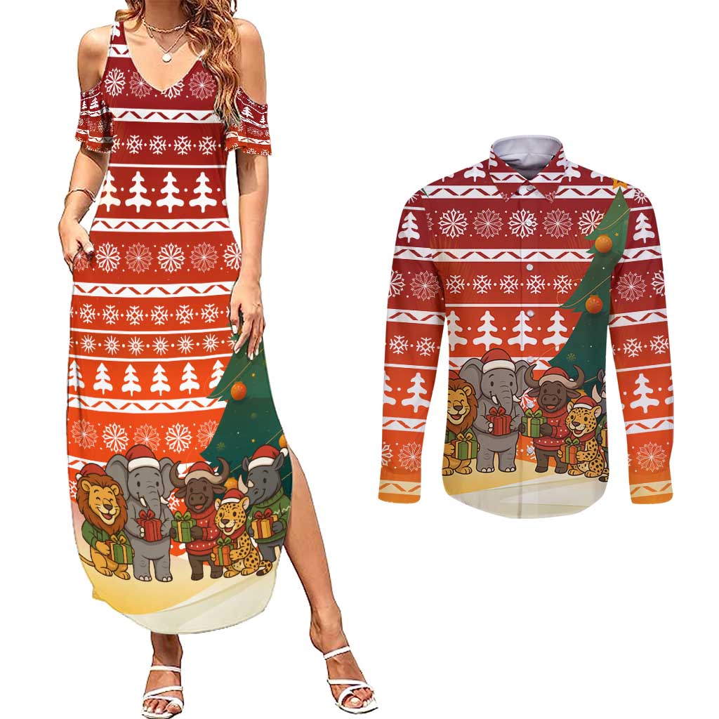 Zambia Christmas Couples Matching Summer Maxi Dress and Long Sleeve Button Shirt with African Animals Tree Snowflakes and National Emblem Design - Wonder Print Shop
