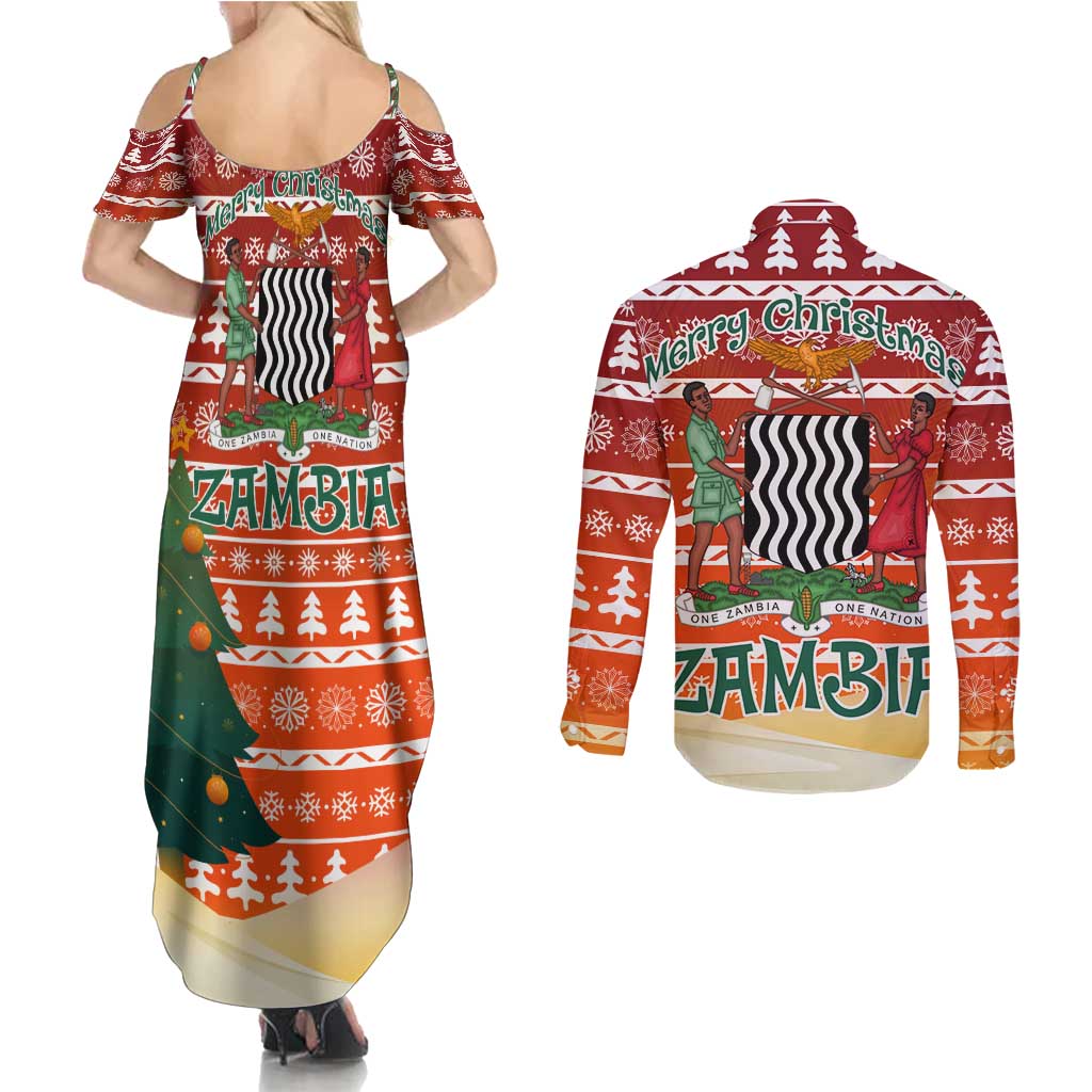 Zambia Christmas Couples Matching Summer Maxi Dress and Long Sleeve Button Shirt with African Animals Tree Snowflakes and National Emblem Design - Wonder Print Shop