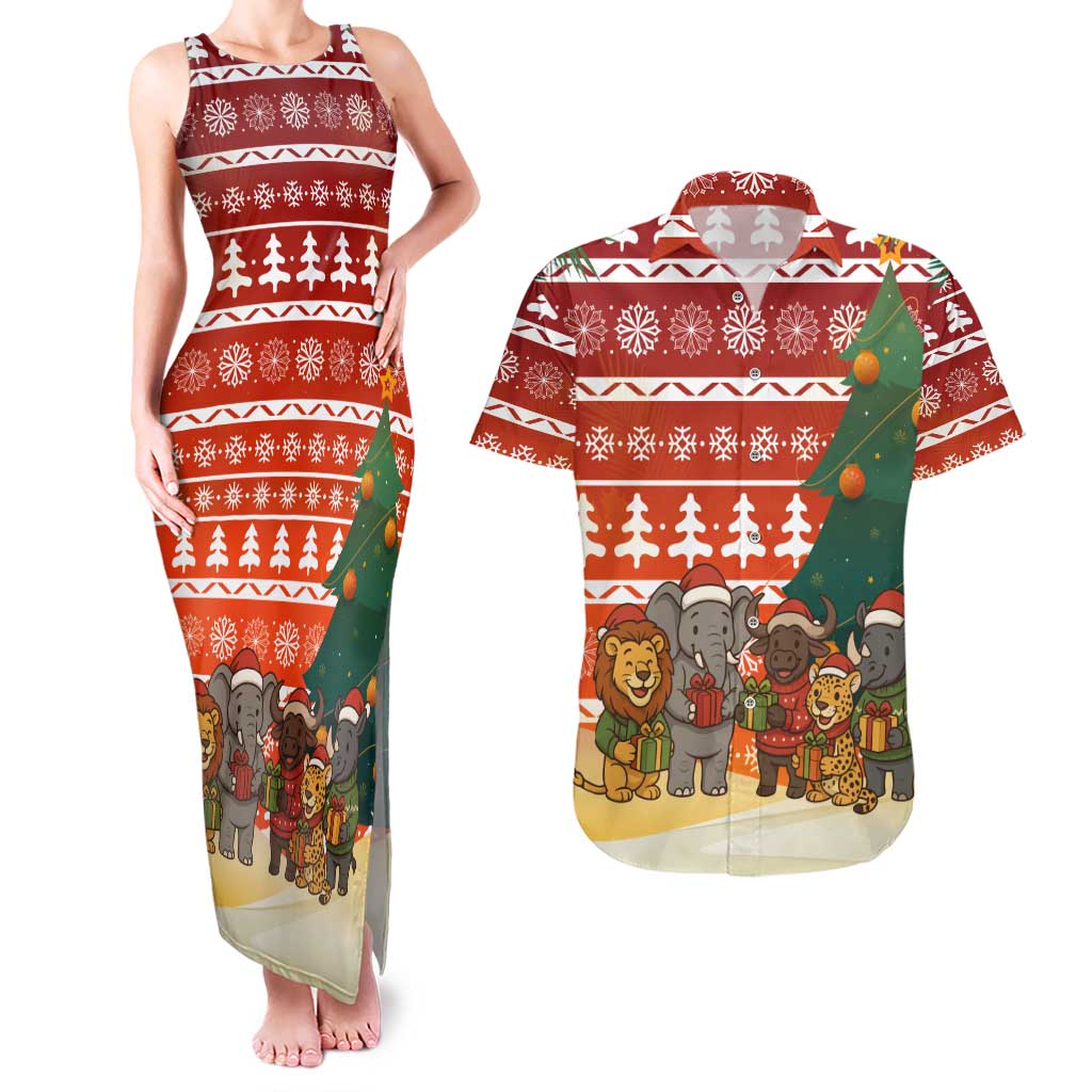 Zambia Christmas Couples Matching Tank Maxi Dress and Hawaiian Shirt with African Animals Tree Snowflakes and National Emblem Design - Wonder Print Shop