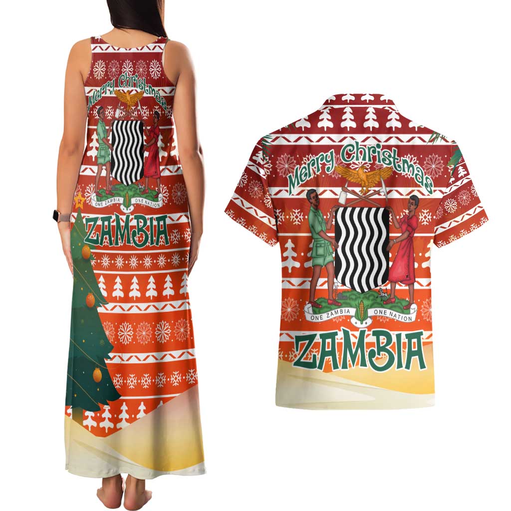 Zambia Christmas Couples Matching Tank Maxi Dress and Hawaiian Shirt with African Animals Tree Snowflakes and National Emblem Design - Wonder Print Shop