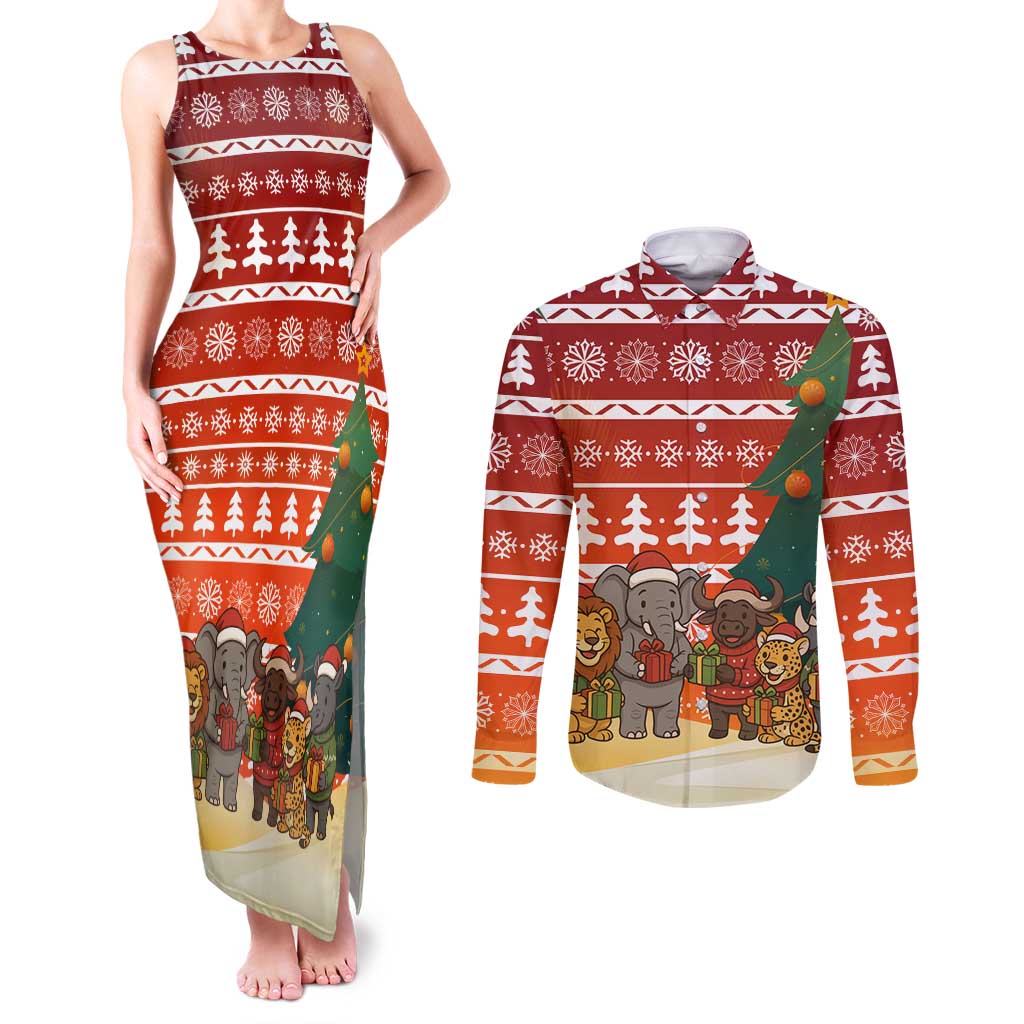 Zambia Christmas Couples Matching Tank Maxi Dress and Long Sleeve Button Shirt with African Animals Tree Snowflakes and National Emblem Design - Wonder Print Shop
