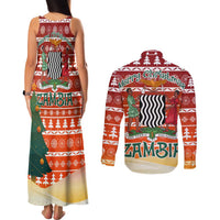 Zambia Christmas Couples Matching Tank Maxi Dress and Long Sleeve Button Shirt with African Animals Tree Snowflakes and National Emblem Design - Wonder Print Shop