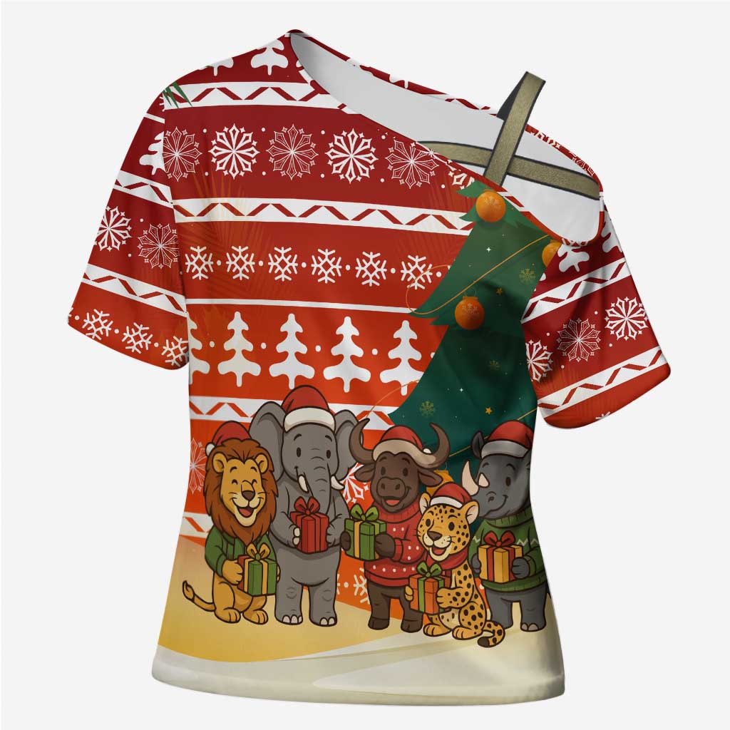 Zambia Christmas Cross Shoulder Shirt with African Animals Tree Snowflakes and National Emblem Design - Wonder Print Shop
