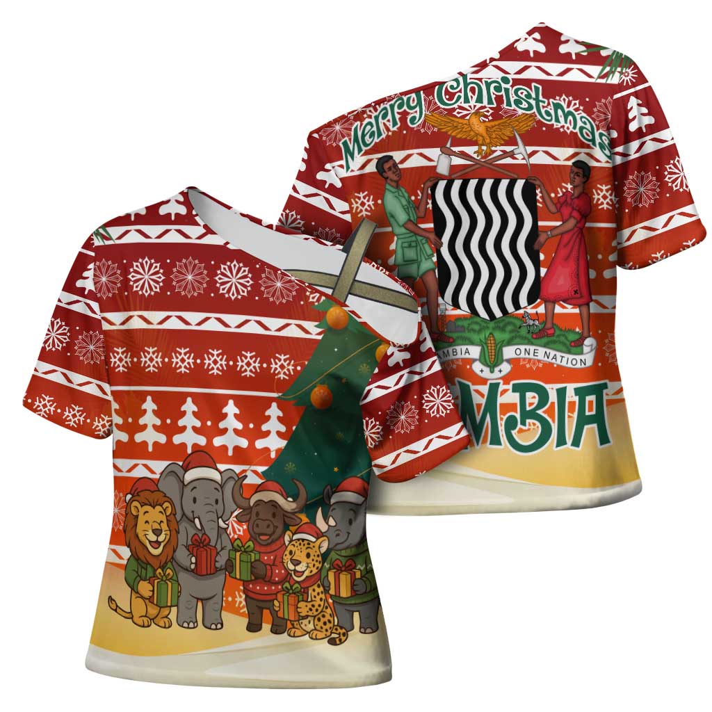 Zambia Christmas Cross Shoulder Shirt with African Animals Tree Snowflakes and National Emblem Design - Wonder Print Shop