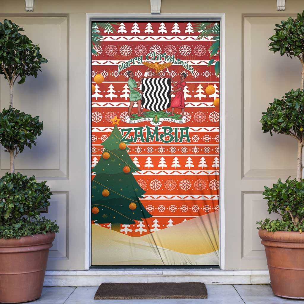 Zambia Christmas Door Cover with African Animals Tree Snowflakes and National Emblem Design - Wonder Print Shop