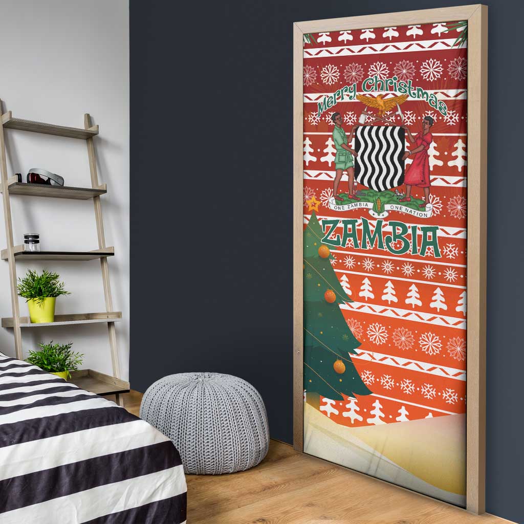 Zambia Christmas Door Cover with African Animals Tree Snowflakes and National Emblem Design - Wonder Print Shop