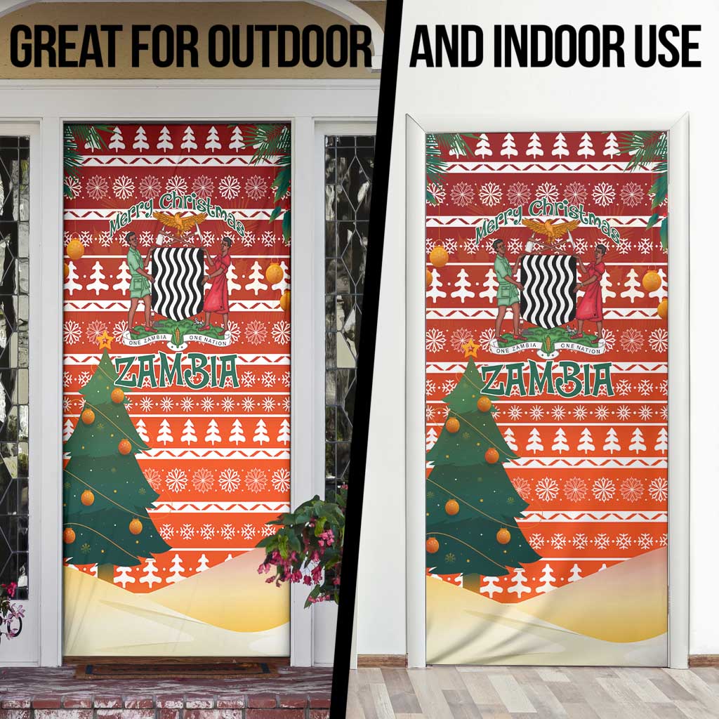 Zambia Christmas Door Cover with African Animals Tree Snowflakes and National Emblem Design - Wonder Print Shop