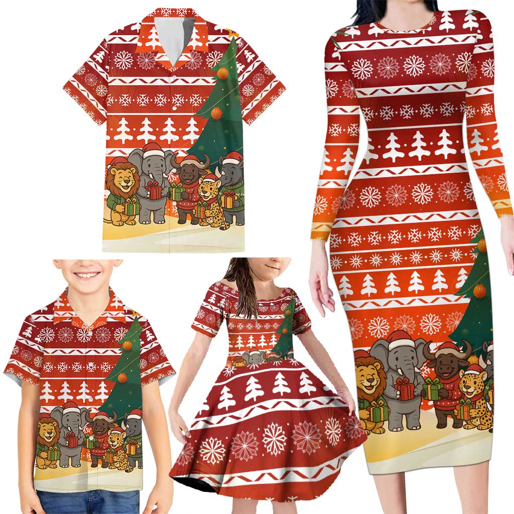 Zambia Christmas Family Matching Long Sleeve Bodycon Dress and Hawaiian Shirt with African Animals Tree Snowflakes and National Emblem Design - Wonder Print Shop