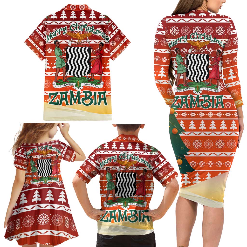 Zambia Christmas Family Matching Long Sleeve Bodycon Dress and Hawaiian Shirt with African Animals Tree Snowflakes and National Emblem Design - Wonder Print Shop