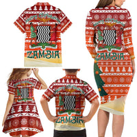 Zambia Christmas Family Matching Long Sleeve Bodycon Dress and Hawaiian Shirt with African Animals Tree Snowflakes and National Emblem Design - Wonder Print Shop