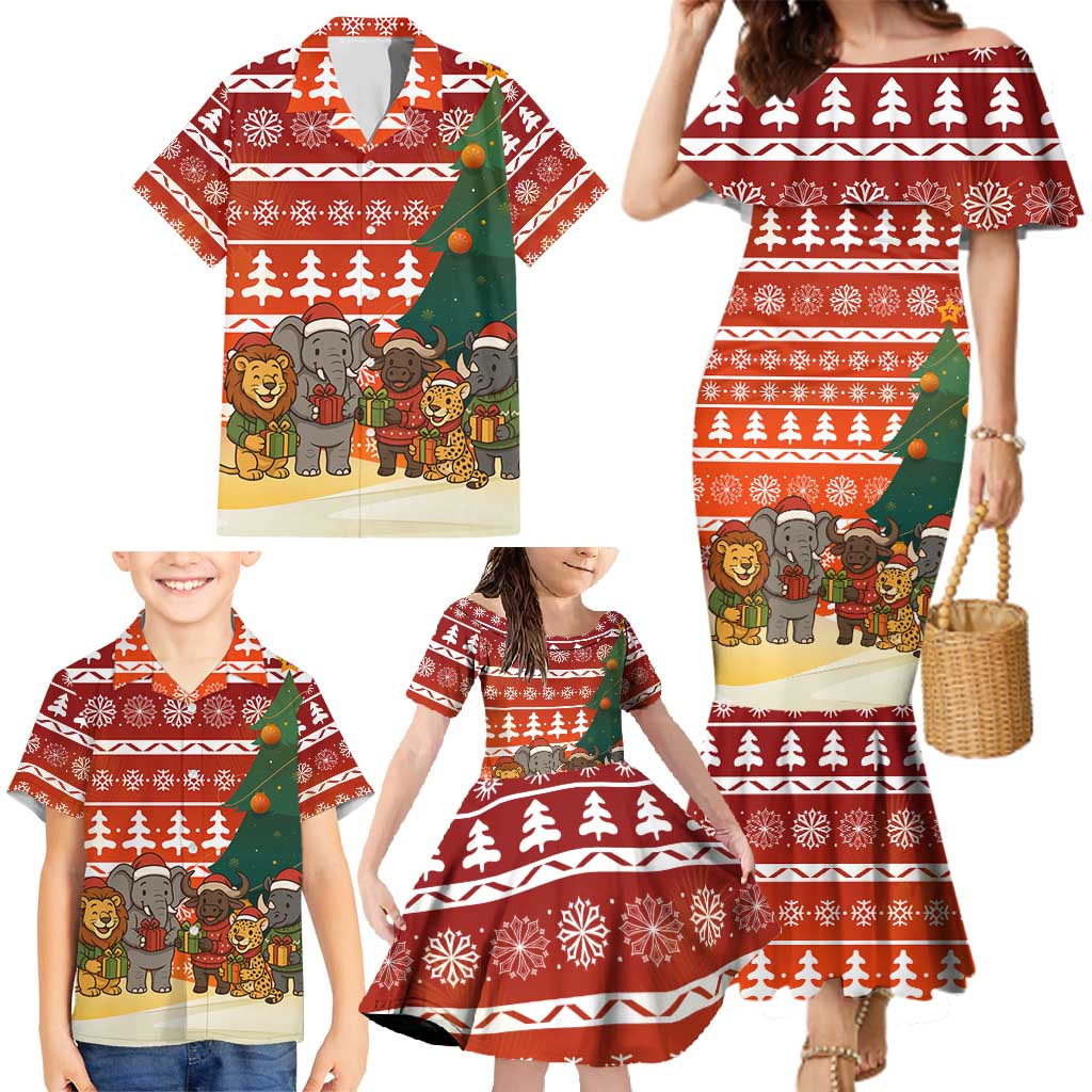 Zambia Christmas Family Matching Mermaid Dress and Hawaiian Shirt with African Animals Tree Snowflakes and National Emblem Design - Wonder Print Shop