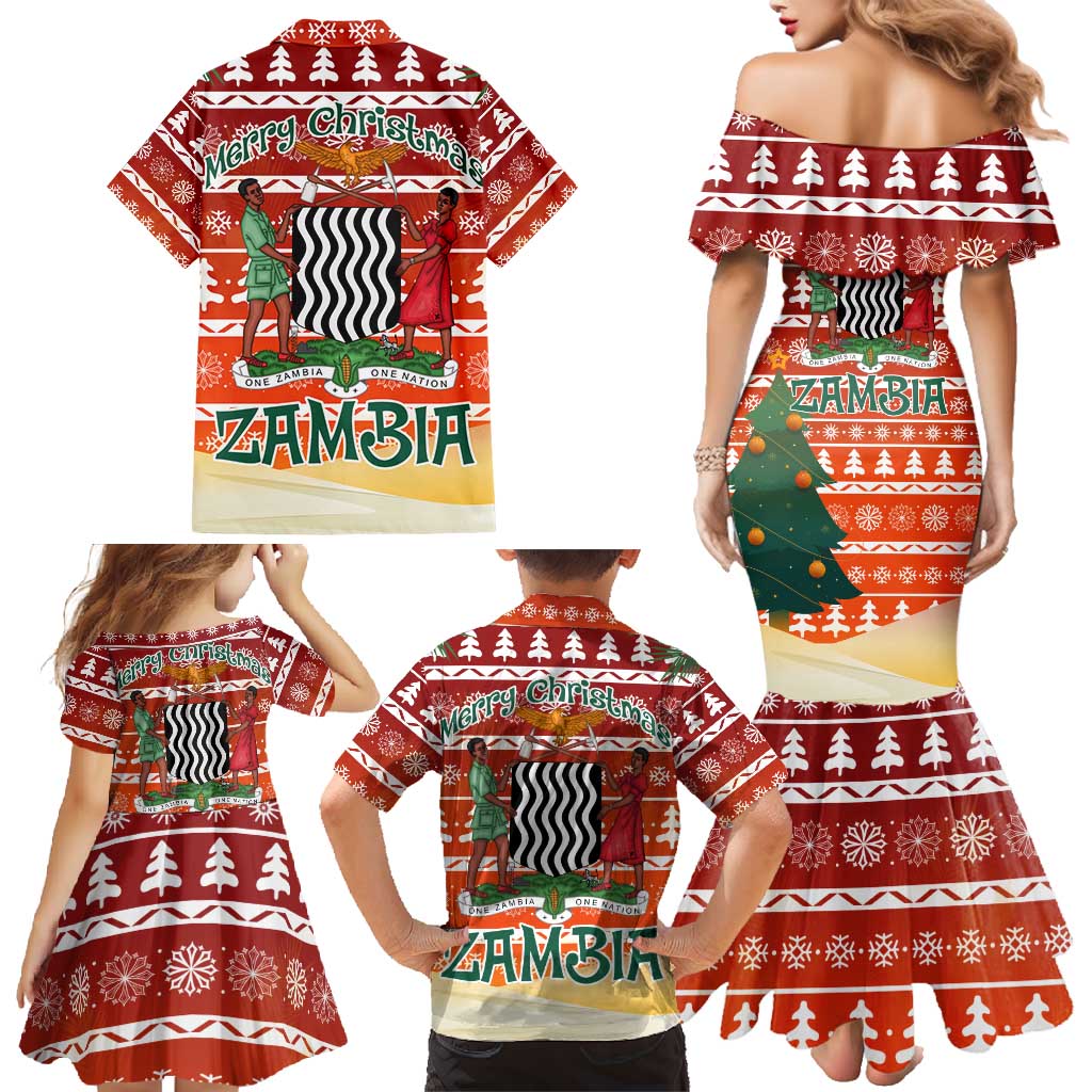 Zambia Christmas Family Matching Mermaid Dress and Hawaiian Shirt with African Animals Tree Snowflakes and National Emblem Design - Wonder Print Shop