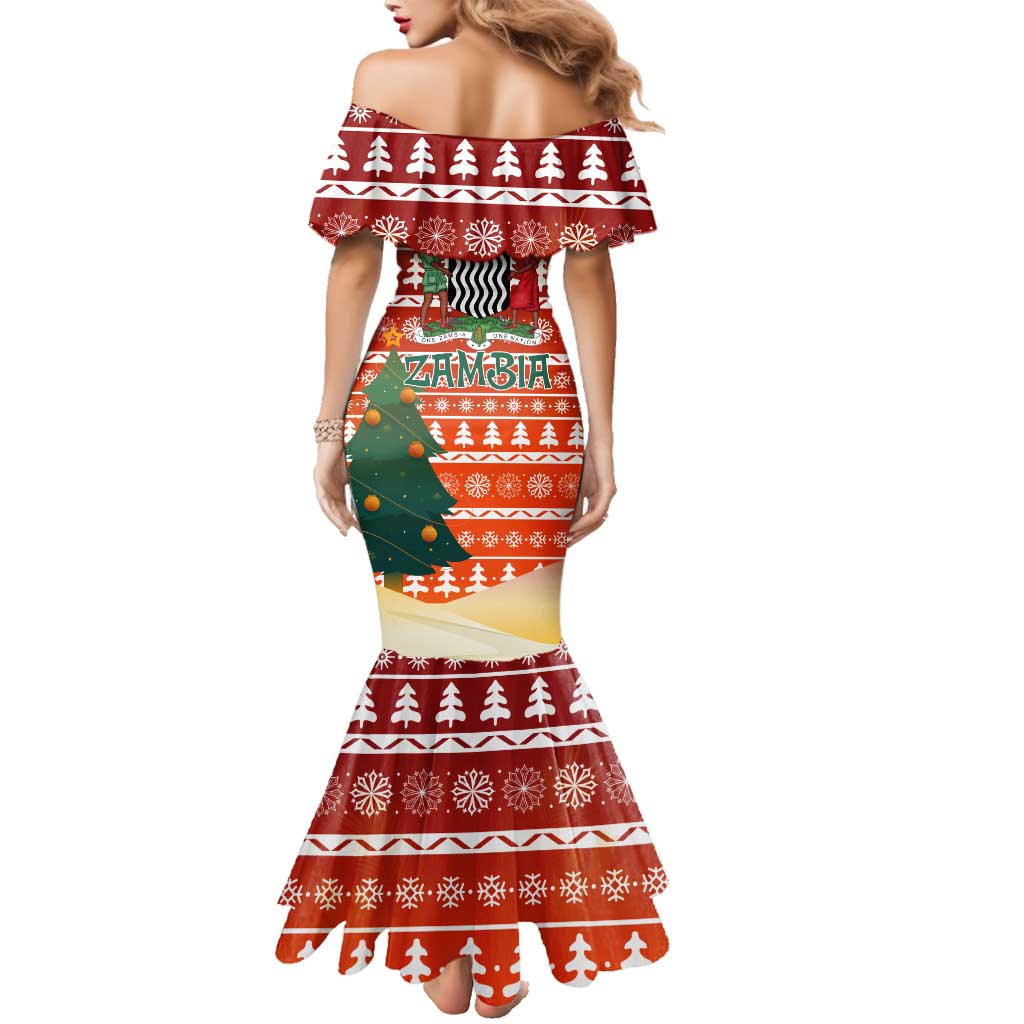 Zambia Christmas Family Matching Mermaid Dress and Hawaiian Shirt with African Animals Tree Snowflakes and National Emblem Design - Wonder Print Shop