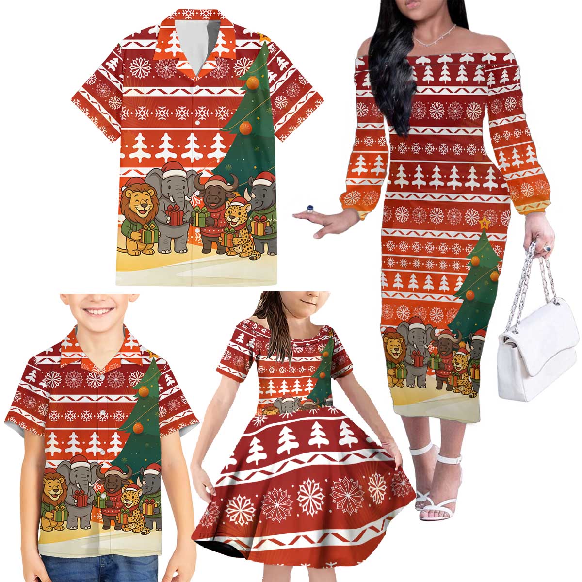 Zambia Christmas Family Matching Off The Shoulder Long Sleeve Dress and Hawaiian Shirt with African Animals Tree Snowflakes and National Emblem Design - Wonder Print Shop