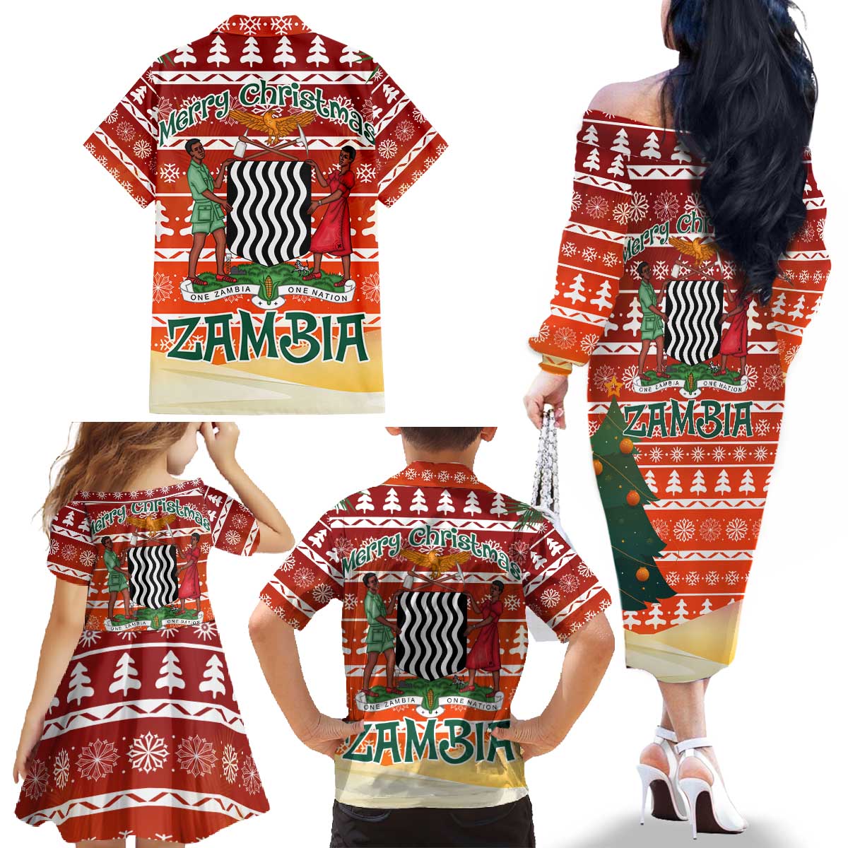 Zambia Christmas Family Matching Off The Shoulder Long Sleeve Dress and Hawaiian Shirt with African Animals Tree Snowflakes and National Emblem Design - Wonder Print Shop