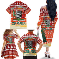 Zambia Christmas Family Matching Off The Shoulder Long Sleeve Dress and Hawaiian Shirt with African Animals Tree Snowflakes and National Emblem Design - Wonder Print Shop