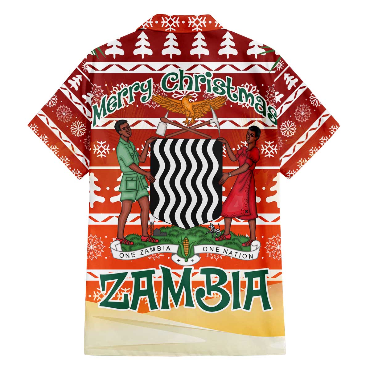 Zambia Christmas Family Matching Off The Shoulder Long Sleeve Dress and Hawaiian Shirt with African Animals Tree Snowflakes and National Emblem Design - Wonder Print Shop
