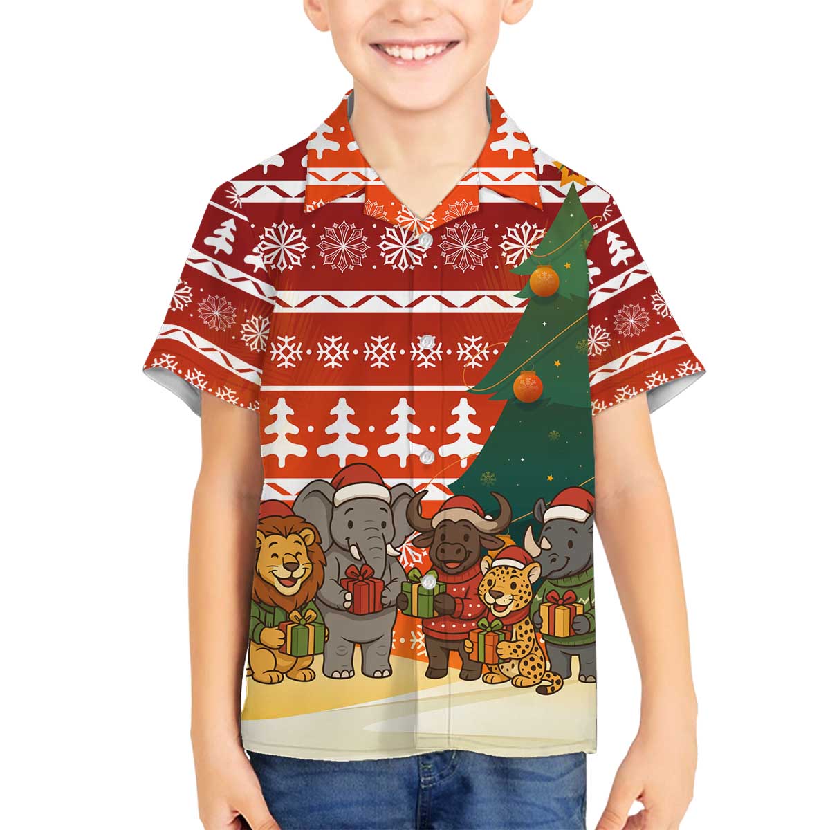 Zambia Christmas Family Matching Off The Shoulder Long Sleeve Dress and Hawaiian Shirt with African Animals Tree Snowflakes and National Emblem Design - Wonder Print Shop