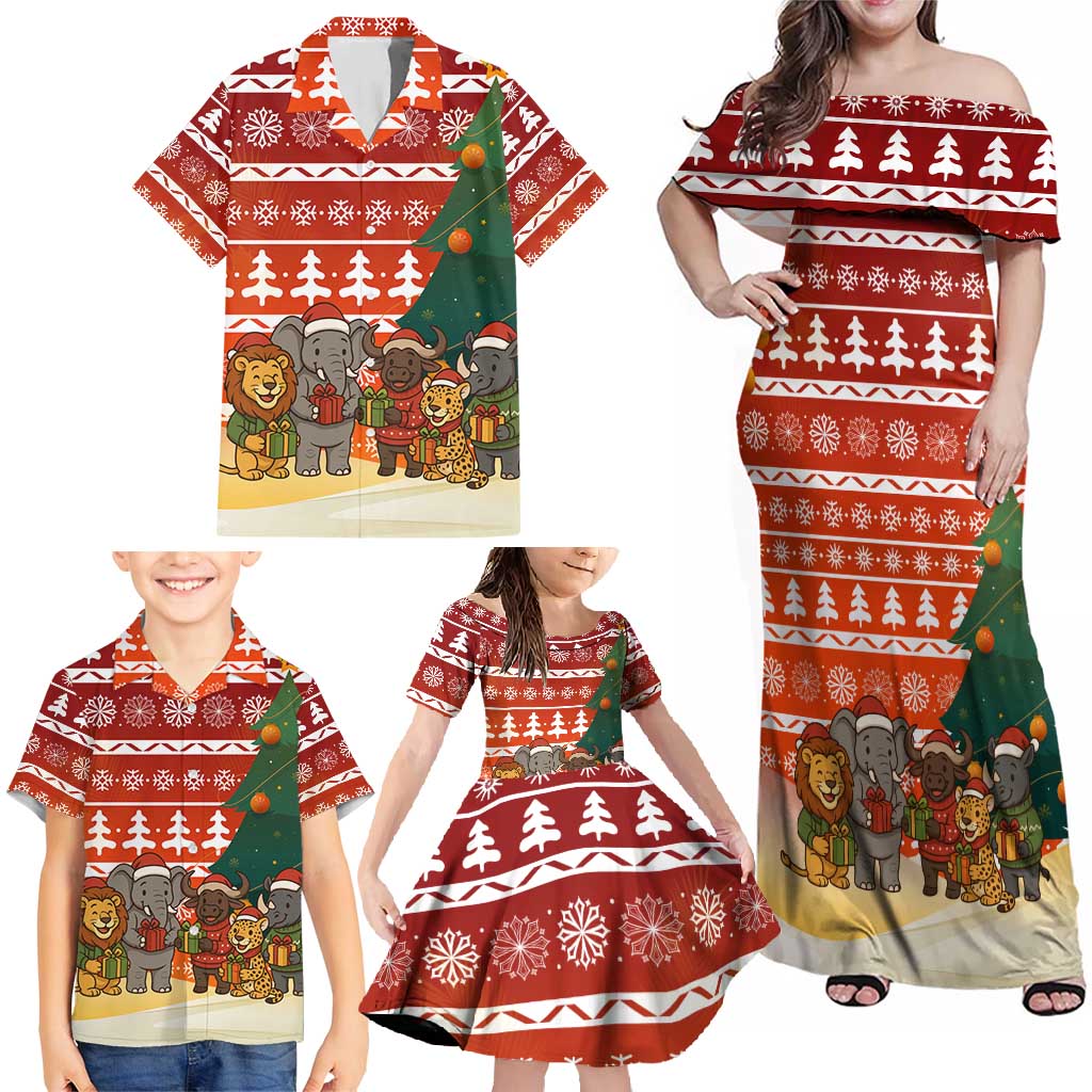 Zambia Christmas Family Matching Off Shoulder Maxi Dress and Hawaiian Shirt with African Animals Tree Snowflakes and National Emblem Design - Wonder Print Shop
