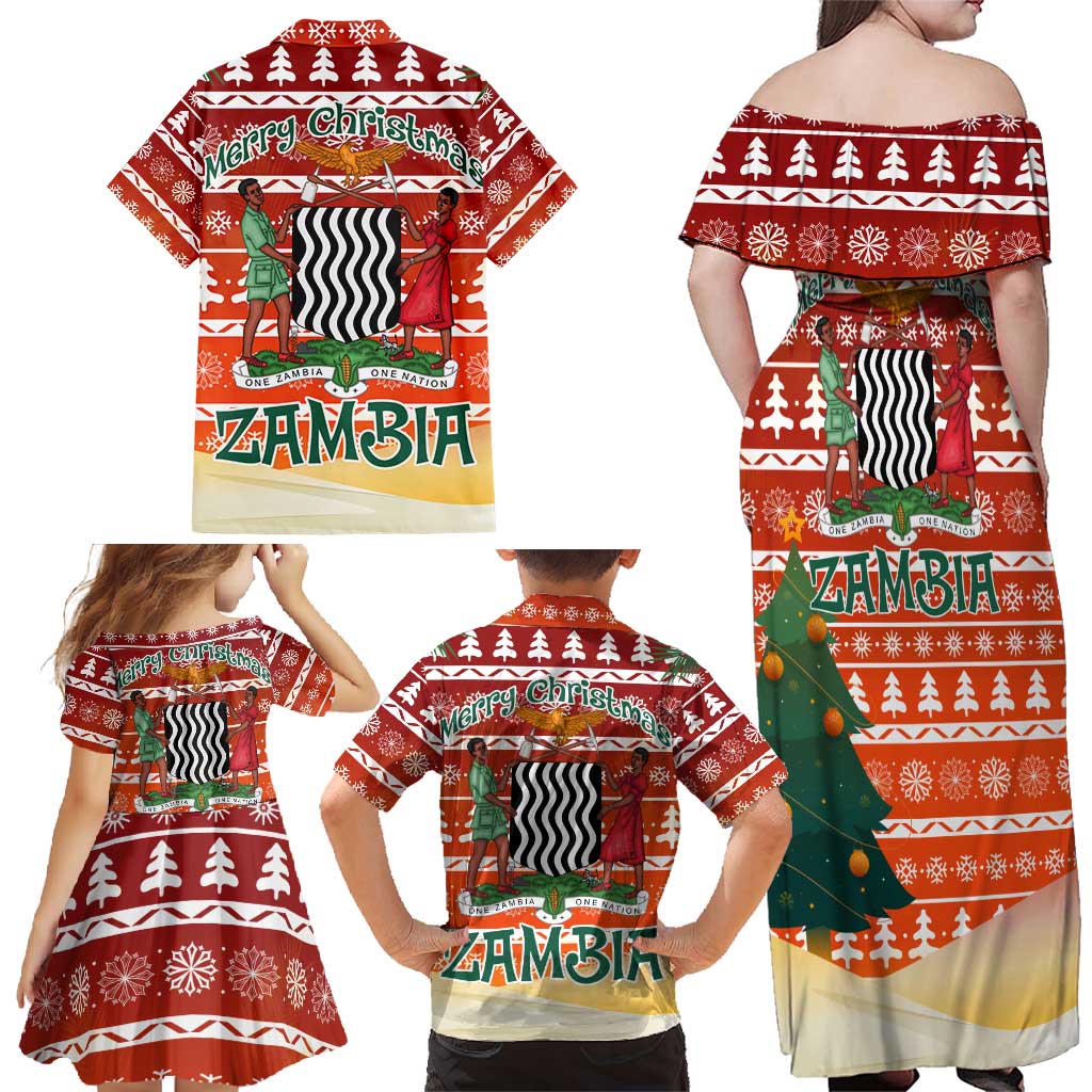 Zambia Christmas Family Matching Off Shoulder Maxi Dress and Hawaiian Shirt with African Animals Tree Snowflakes and National Emblem Design - Wonder Print Shop