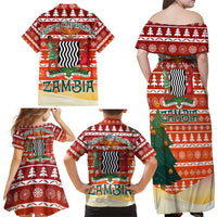 Zambia Christmas Family Matching Off Shoulder Maxi Dress and Hawaiian Shirt with African Animals Tree Snowflakes and National Emblem Design - Wonder Print Shop