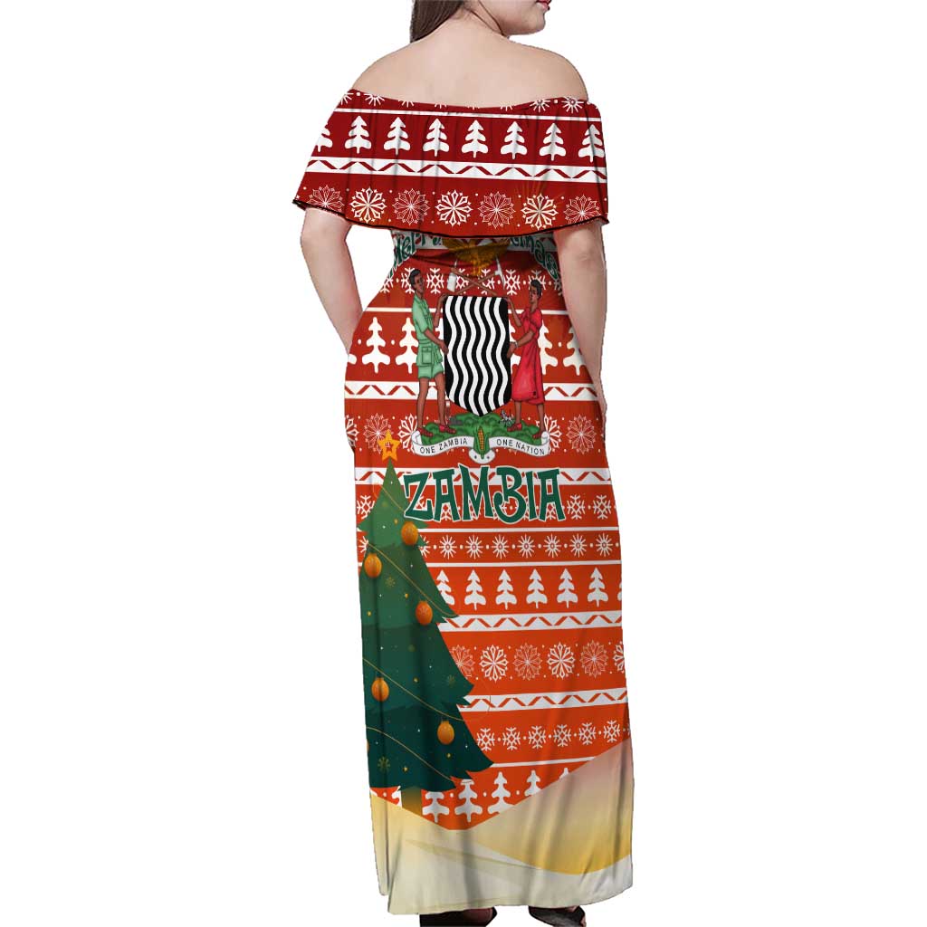 Zambia Christmas Family Matching Off Shoulder Maxi Dress and Hawaiian Shirt with African Animals Tree Snowflakes and National Emblem Design - Wonder Print Shop