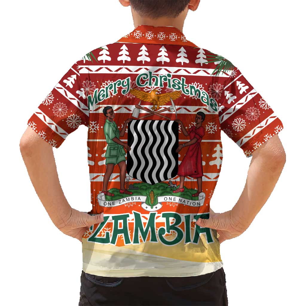Zambia Christmas Family Matching Off Shoulder Short Dress and Hawaiian Shirt with African Animals Tree Snowflakes and National Emblem Design - Wonder Print Shop