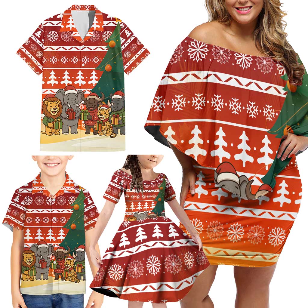 Zambia Christmas Family Matching Off Shoulder Short Dress and Hawaiian Shirt with African Animals Tree Snowflakes and National Emblem Design - Wonder Print Shop
