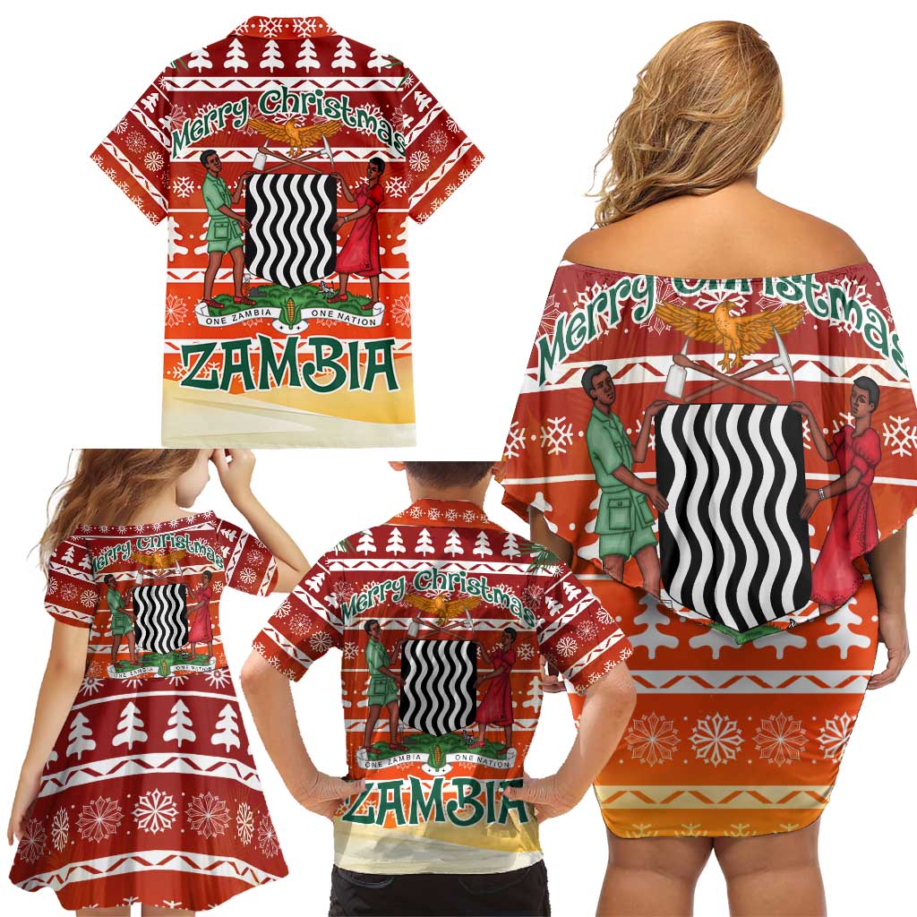 Zambia Christmas Family Matching Off Shoulder Short Dress and Hawaiian Shirt with African Animals Tree Snowflakes and National Emblem Design - Wonder Print Shop