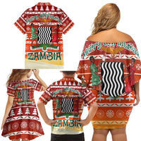 Zambia Christmas Family Matching Off Shoulder Short Dress and Hawaiian Shirt with African Animals Tree Snowflakes and National Emblem Design - Wonder Print Shop