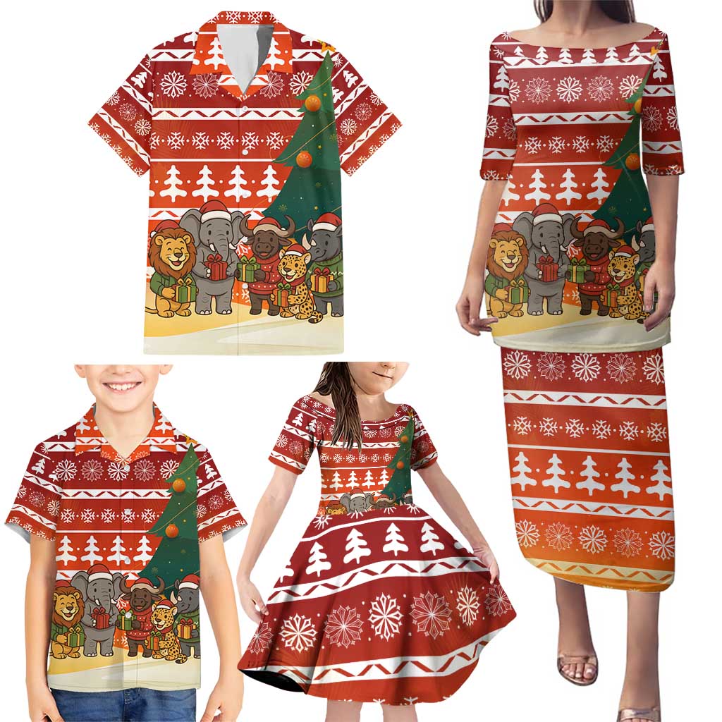 Zambia Christmas Family Matching Puletasi and Hawaiian Shirt with African Animals Tree Snowflakes and National Emblem Design - Wonder Print Shop