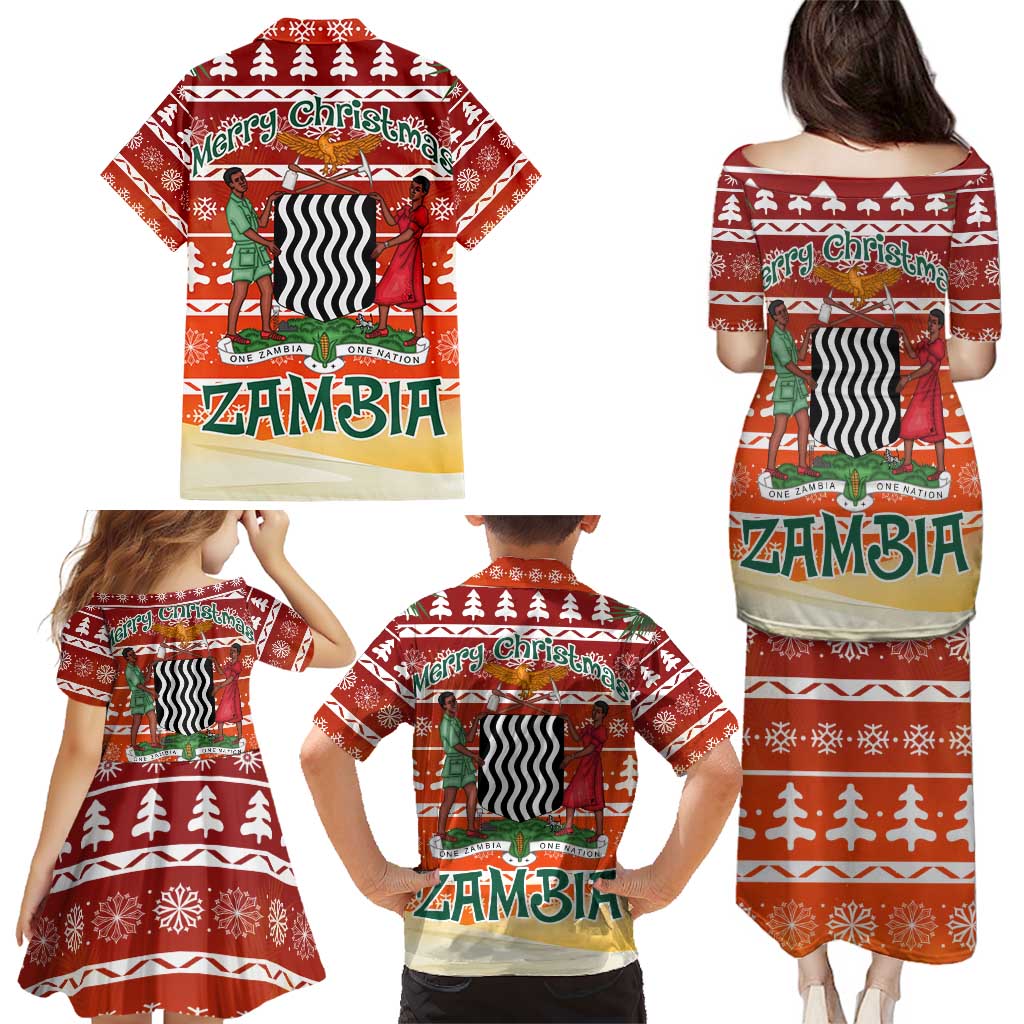 Zambia Christmas Family Matching Puletasi and Hawaiian Shirt with African Animals Tree Snowflakes and National Emblem Design - Wonder Print Shop