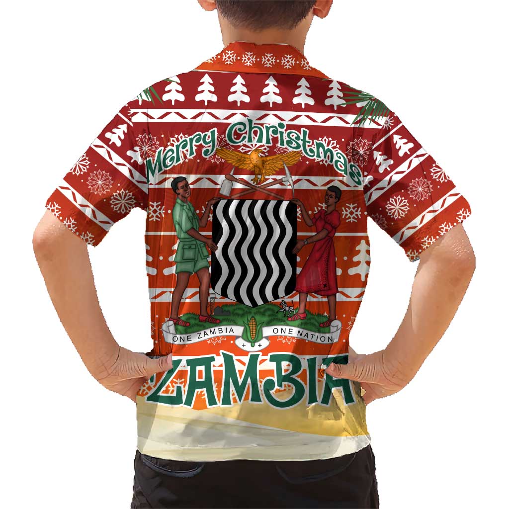 Zambia Christmas Family Matching Short Sleeve Bodycon Dress and Hawaiian Shirt with African Animals Tree Snowflakes and National Emblem Design - Wonder Print Shop