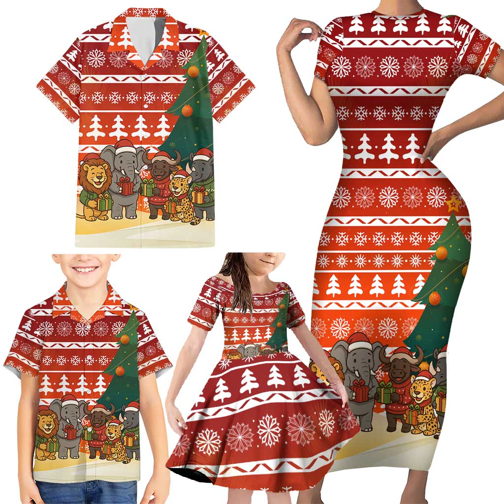 Zambia Christmas Family Matching Short Sleeve Bodycon Dress and Hawaiian Shirt with African Animals Tree Snowflakes and National Emblem Design - Wonder Print Shop