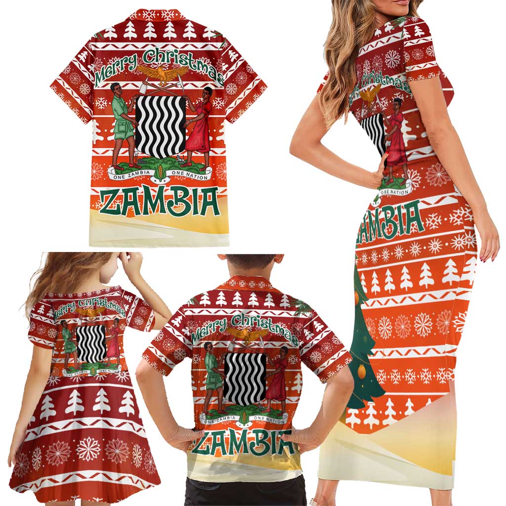 Zambia Christmas Family Matching Short Sleeve Bodycon Dress and Hawaiian Shirt with African Animals Tree Snowflakes and National Emblem Design - Wonder Print Shop