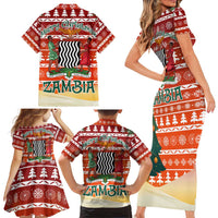 Zambia Christmas Family Matching Short Sleeve Bodycon Dress and Hawaiian Shirt with African Animals Tree Snowflakes and National Emblem Design - Wonder Print Shop
