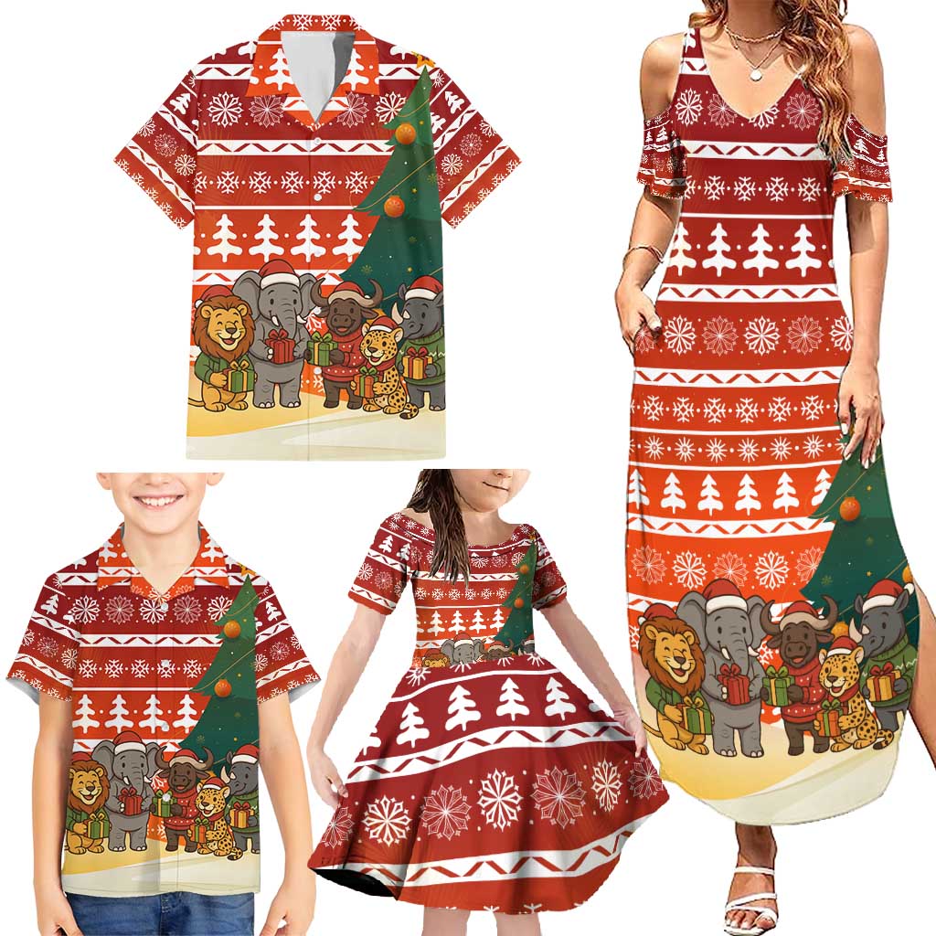 Zambia Christmas Family Matching Summer Maxi Dress and Hawaiian Shirt with African Animals Tree Snowflakes and National Emblem Design - Wonder Print Shop