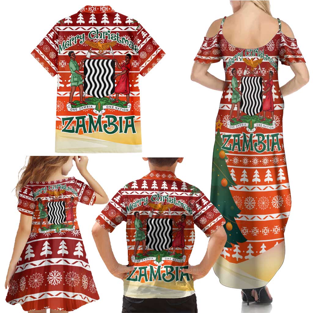 Zambia Christmas Family Matching Summer Maxi Dress and Hawaiian Shirt with African Animals Tree Snowflakes and National Emblem Design - Wonder Print Shop