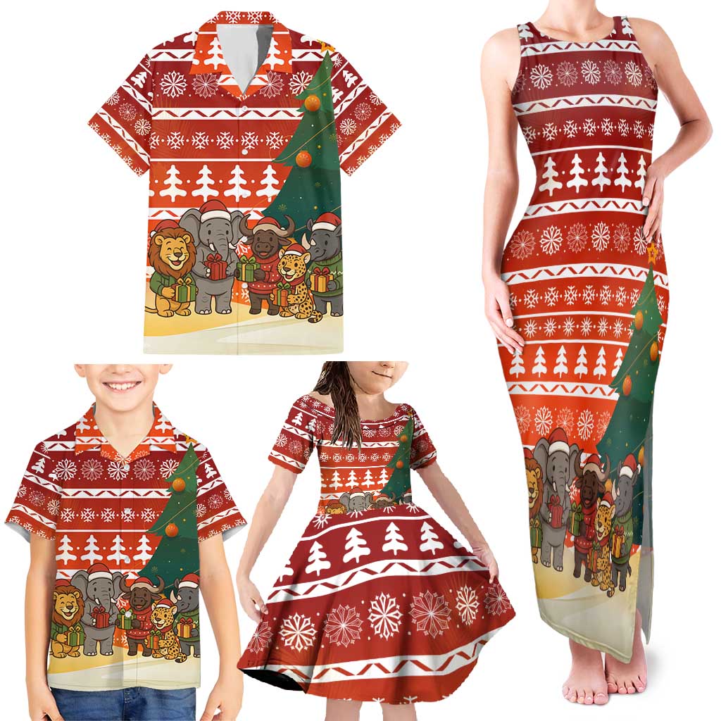 Zambia Christmas Family Matching Tank Maxi Dress and Hawaiian Shirt with African Animals Tree Snowflakes and National Emblem Design - Wonder Print Shop