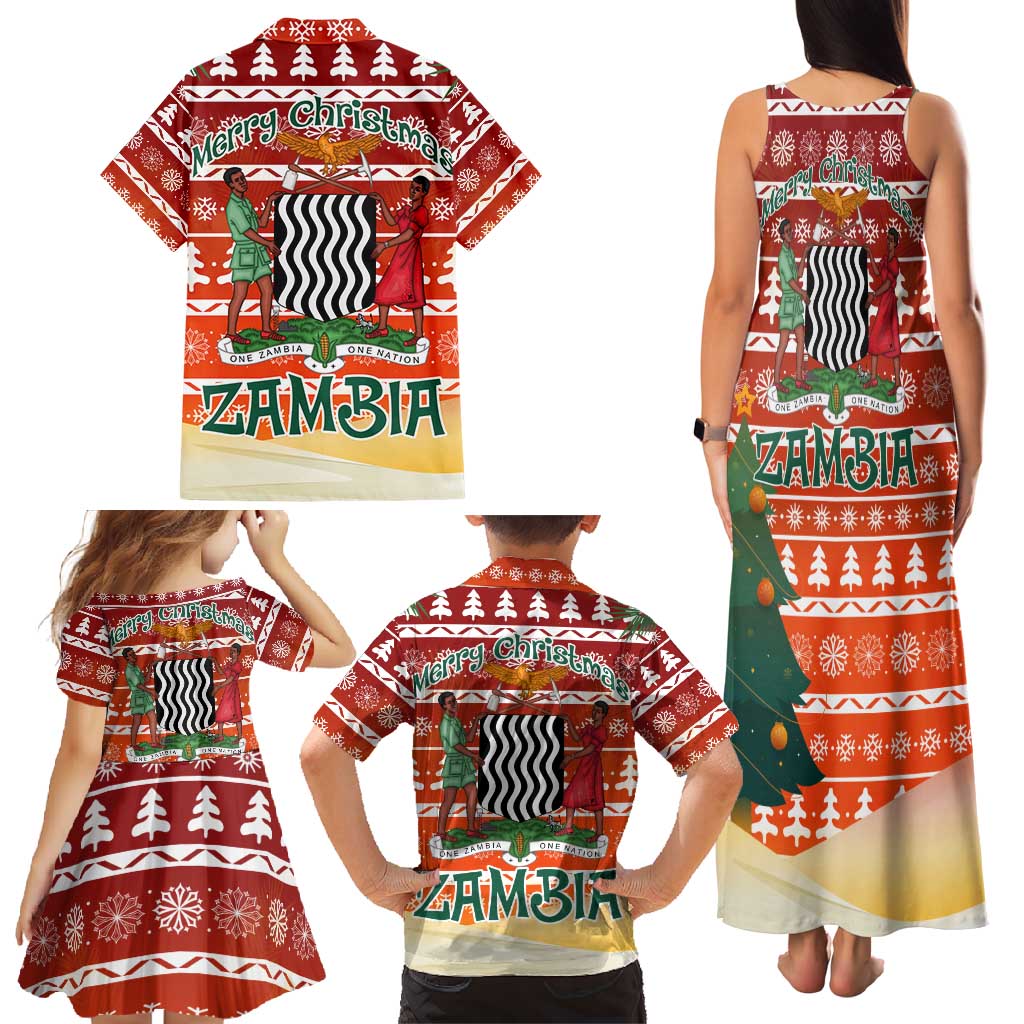 Zambia Christmas Family Matching Tank Maxi Dress and Hawaiian Shirt with African Animals Tree Snowflakes and National Emblem Design - Wonder Print Shop