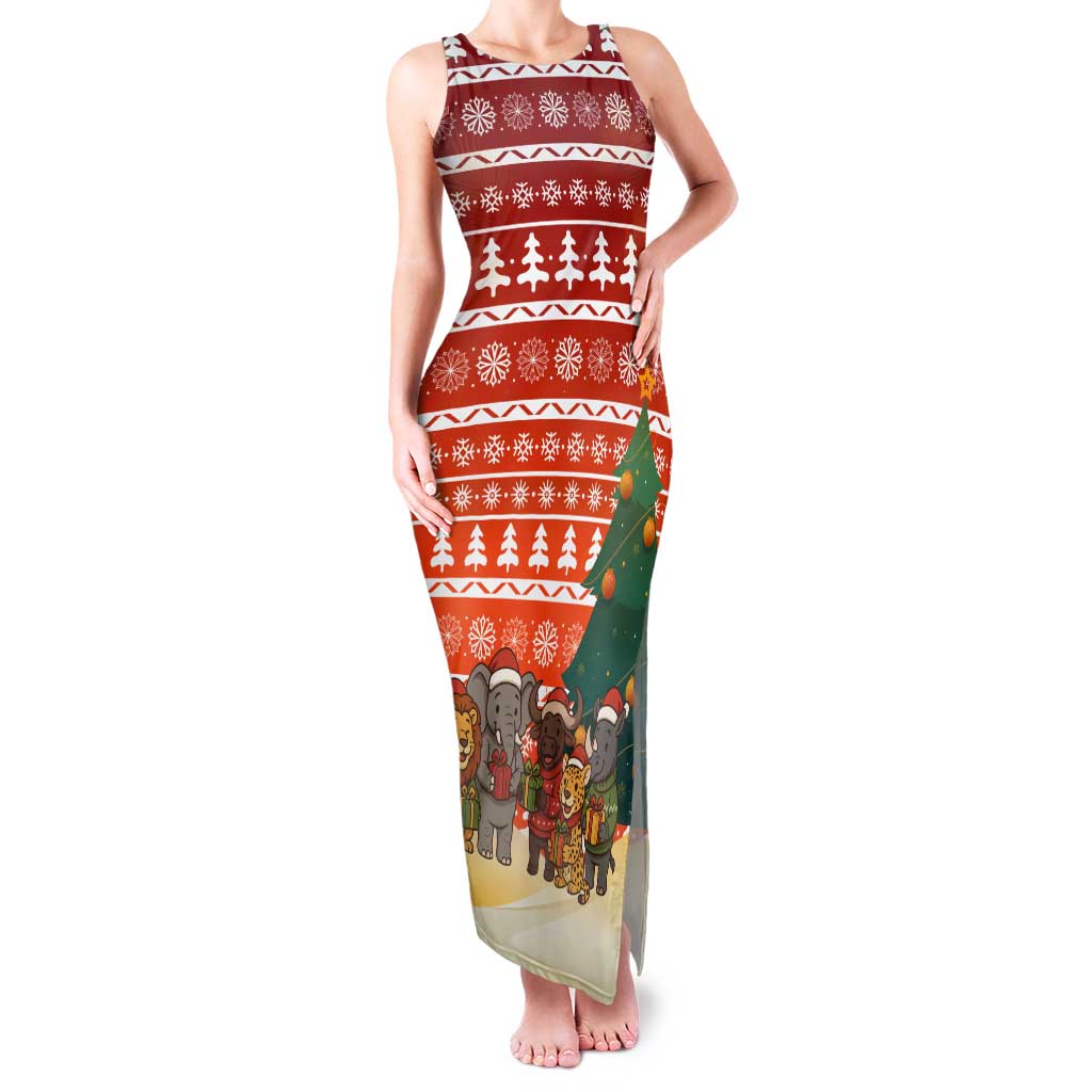 Zambia Christmas Family Matching Tank Maxi Dress and Hawaiian Shirt with African Animals Tree Snowflakes and National Emblem Design - Wonder Print Shop